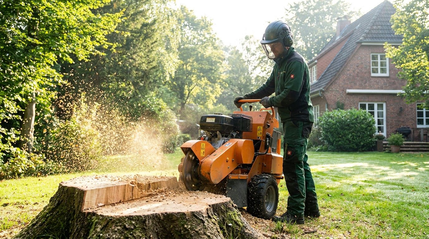 Stubbenfräse zerkleinert einen frisch gefällten Buchenstumpf in einem Blankeneser Villengarten